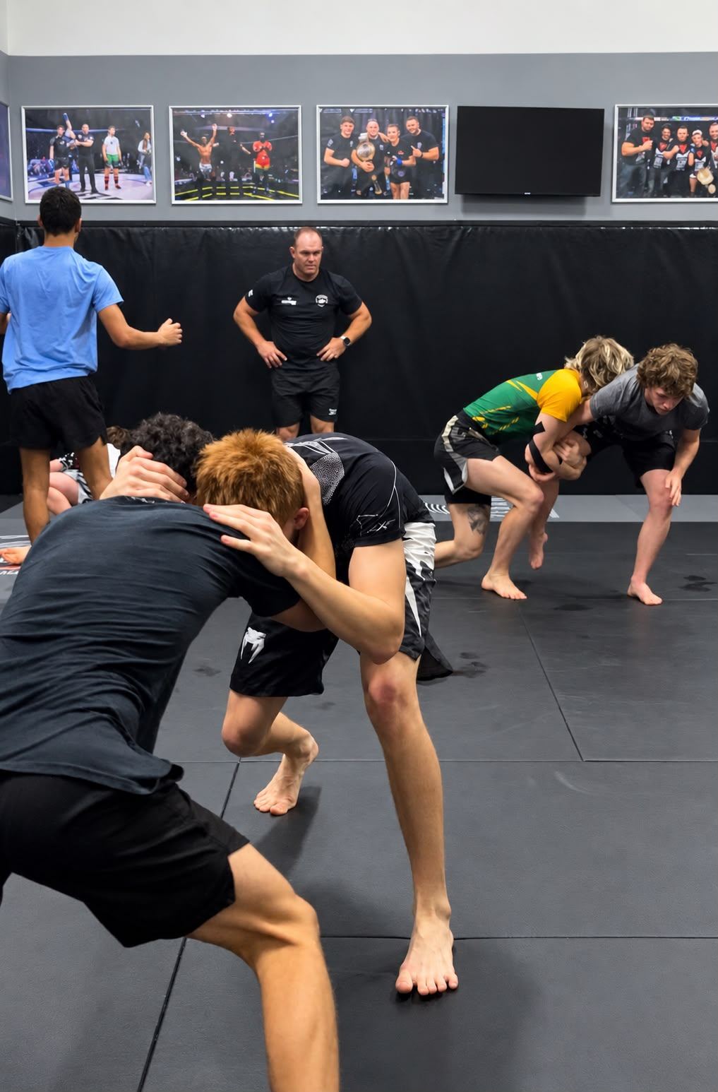 Wrestling class at Maddog Performance Institute in Ballito, with coach Philip Lemmer watching pairs drill hand fighting and takedowns